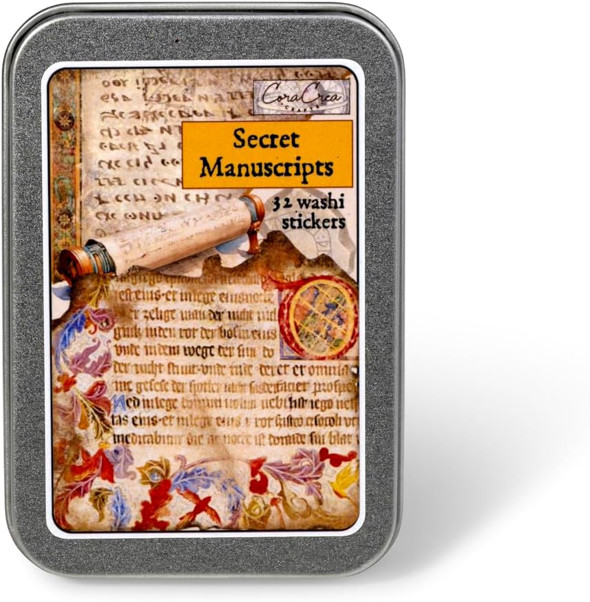 Vintage Journal Stickers with Tin Box, Unique Washi Stickers for Adults, Teens, and Kids (Secret Manuscripts)