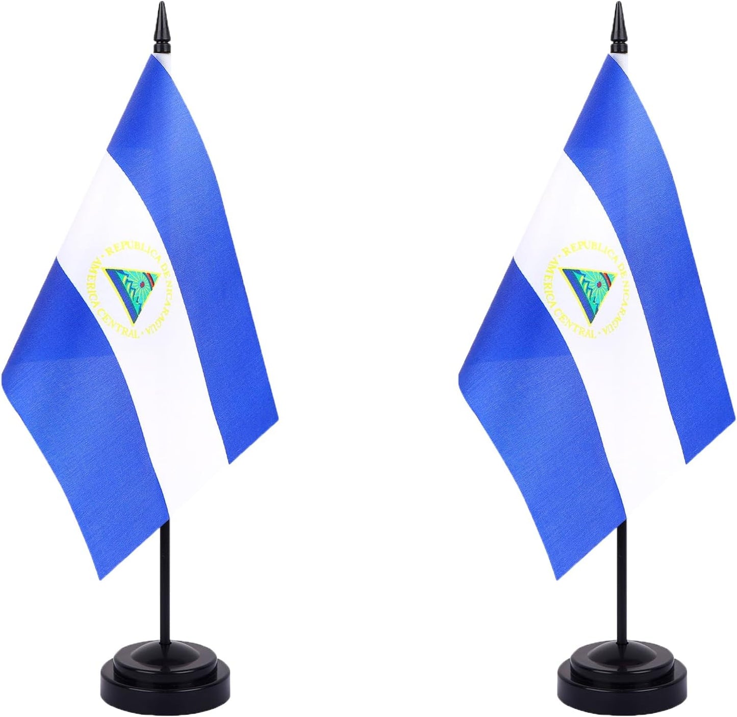 Nicaragua Desk Flag 12" Solid Pole Deluxe Set Nicaraguans Flags Banner Mini Small Nicaragua Office Table Flags with Black Stand Base Desktop Decorations(2Pack)