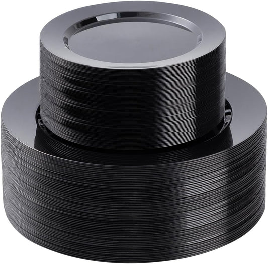 100PCS Black Plastic Plates Set, 50 10.25 inch Dinner Plates and 50 7.5 inch Dessert Plates, Premium Disposable Plates for Party, Wedding,Halloween