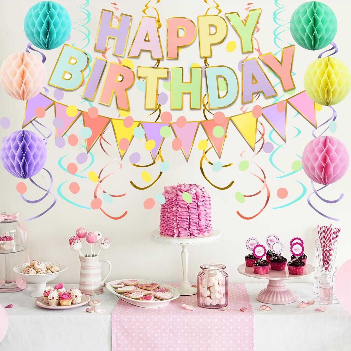 Fecedy Macaron Superlarge Alphabet Happy Birthday Banner Colorful Flag Bunting Circle Confetti Garland Swirl Streamers Honeycomb Ball for Birthday Party Decorations