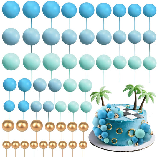 Tondiamo 108 Pcs Balls Cake Topper DIY Cupcake Insert Foam Balloons for Cake Baking Wedding Anniversary Birthday Decoration (Blue Gold,Multi Sizes)