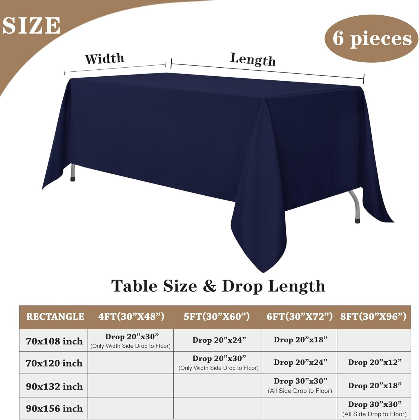 Fitable Navy Rectangle Table Clothes, 6 Pack - 90 x 156 Inch - Reusable and Washable Tablecloths, Polyester Fabric Table Covers for Wedding, Party, Banquet, Formal Events