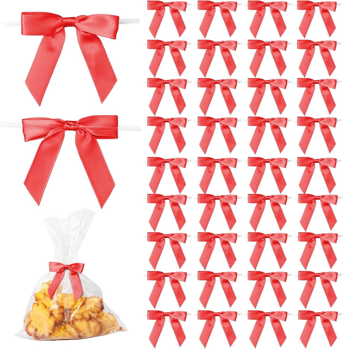 50Pcs Red Twist Tie Bows for Gift Wrapping 2.5" Satin Ribbon Bow for Treat Bags Cake Balloons Birthday Party Favors Wedding Decorations