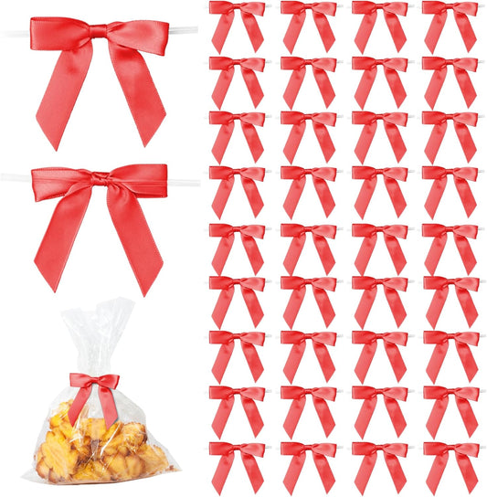 50Pcs Red Twist Tie Bows for Gift Wrapping 2.5" Satin Ribbon Bow for Treat Bags Cake Balloons Birthday Party Favors Wedding Decorations