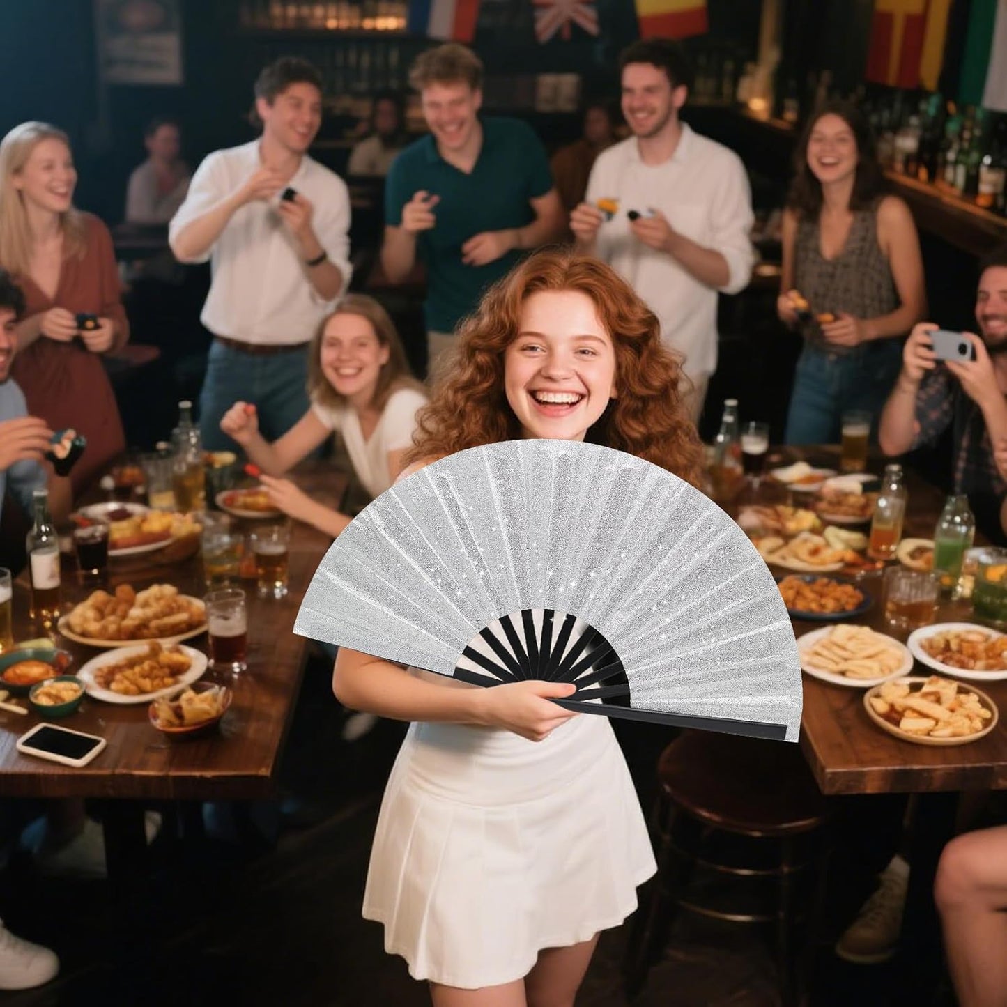 Glitter bling Large Folding Fan-Hand Fan Rave Clack Popping Fan for Line Dancing Clacking Fans for Boots On The Ground Dance, Party for EDM, Music Festival, Hot Flashes, Party, Decoration(1pcs silver)