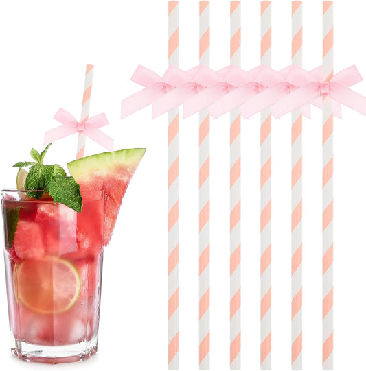Gadpiparty 60pcs Paper Drinking Straws Disposable Bow Ties Decorative Cocktail Drinking Straws for Christmas Birthday Shower Wedding Holiday Party Pink