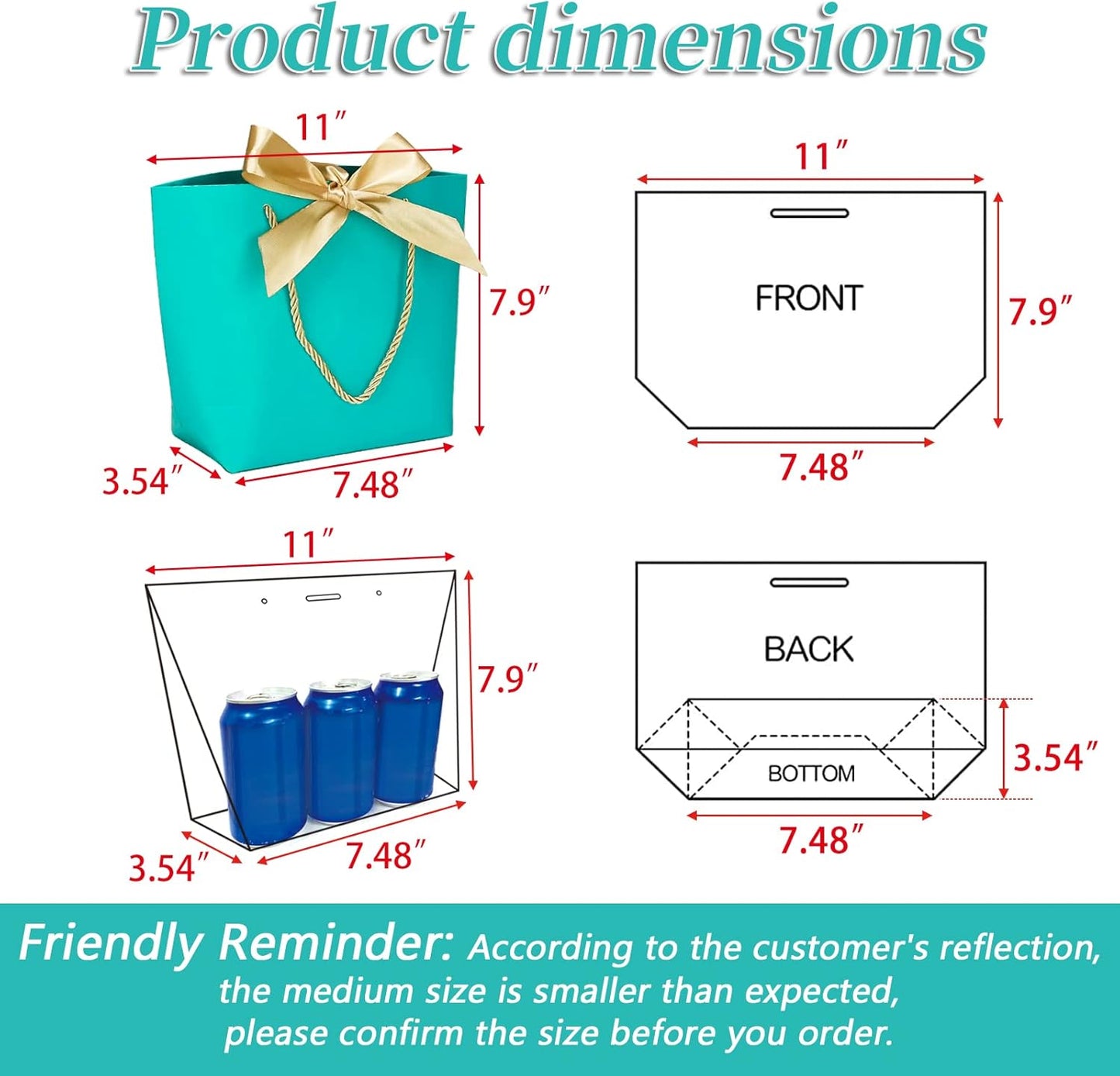 HUAPRINT Gift Bags with Handles,7.48×3.54×7.9 inches,Party Favor Bags with Bow Ribbon,12Pcs Teal Blue Paper Bags for Birthday Wedding Bridesmaid Holiday