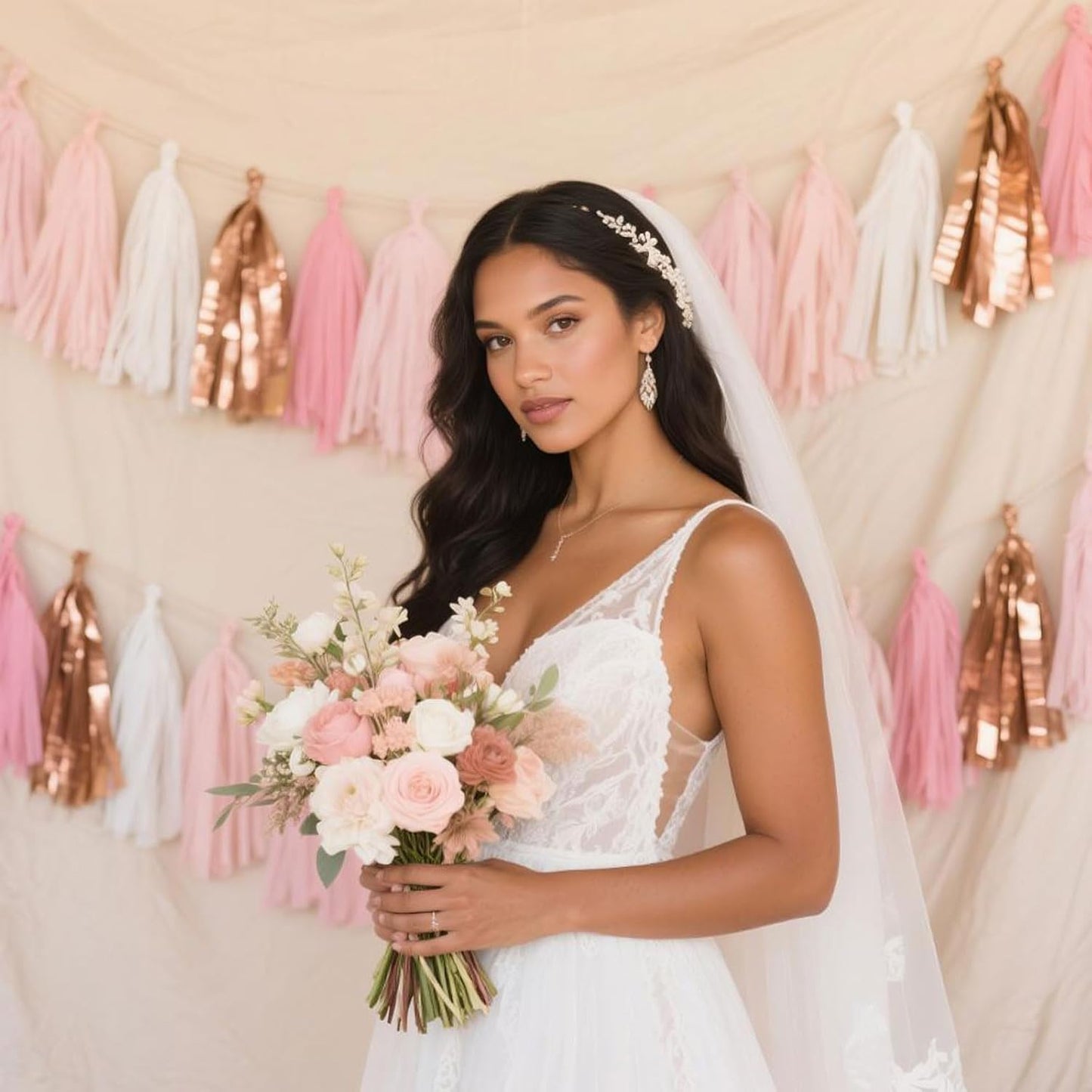 Rose Gold Peach White Pink Tassel Garland Banner, 20 Pack, Tassel Garland Party Decorations for Birthday, Boho Music Festival, Baby Shower,Bridal,Wedding