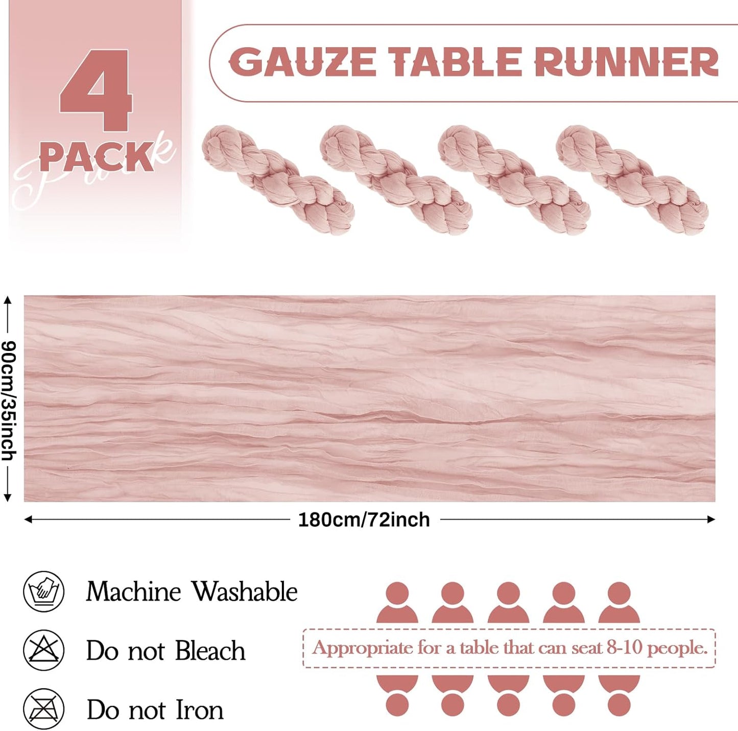 Aktor 4 Pack Dusty Pink Table Runner Boho Cheesecloth Table Runner Semi Sheer Gauze Fabric Runners for Wedding Birthday Baby Shower Party Boho Table Decoration（Dusty Pink）
