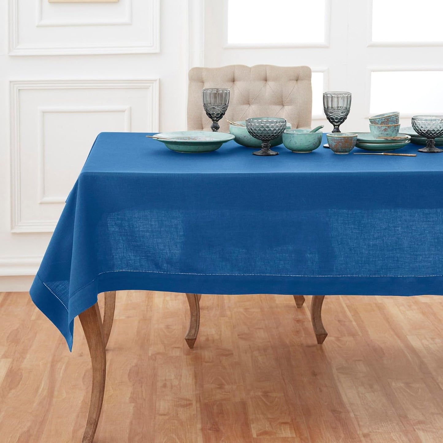 Solino Home Linen Tablecloth 60 x 120 Inch - Classic Hemstitch 100% Pure Linen Indigo Blue Table Cloth for Rectangle Tables - Machine Washable Tablecloth for Fall, Autumn