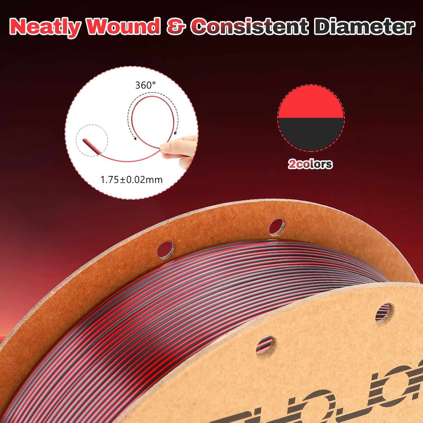 Silk PLA Filament 1.75mm Black Red Dual Color PLA 3D Printer Filament 2 in 1 Coextrusion 1KG Spool(2.2lbs) 3D Printing Filament Dimensional Accuracy +/- 0.03mm