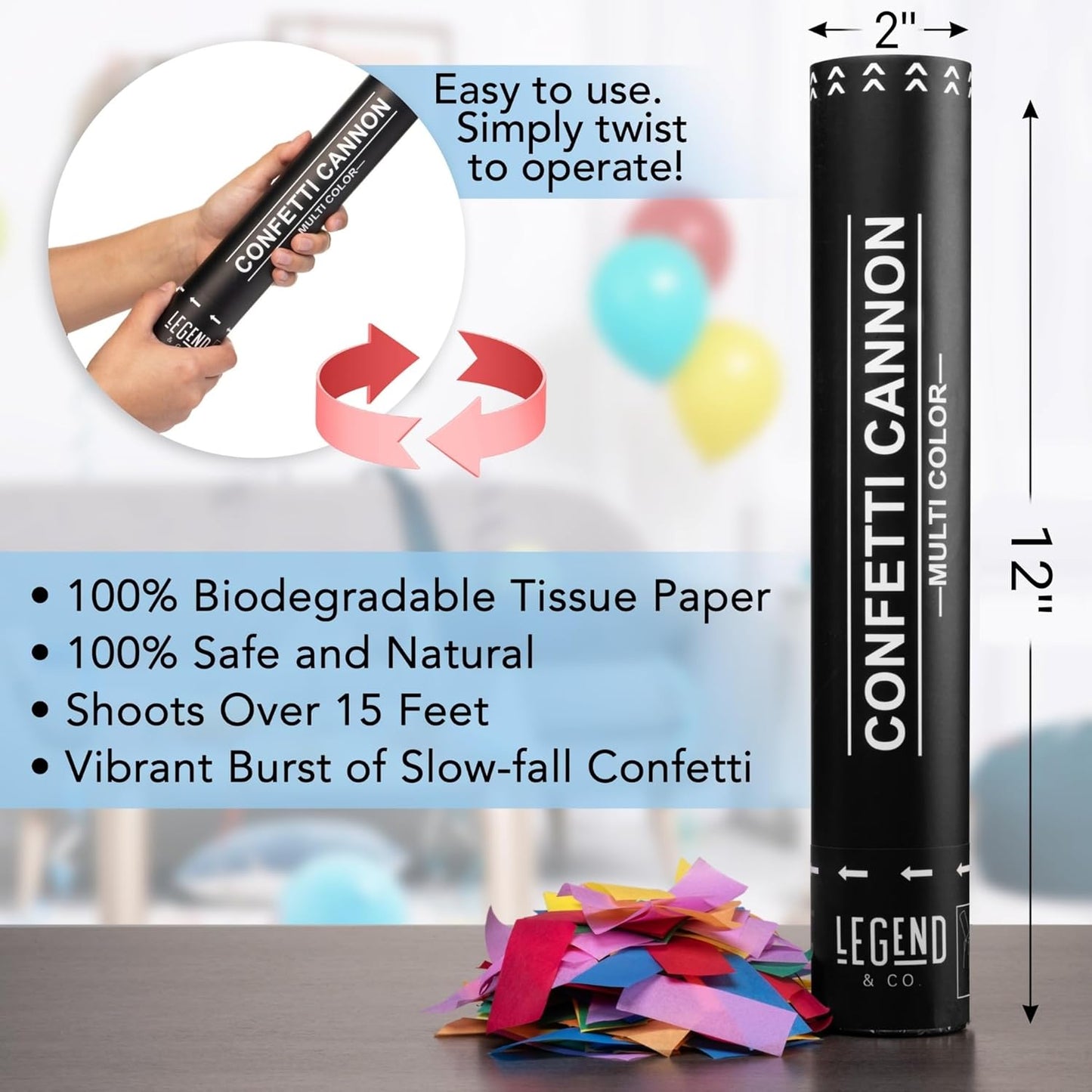 Legend & Co. 12 inch Confetti Cannons Multicolor | Biodegradable Confetti & Air Powered | Launches 20-25ft | Celebrations, New Year's Eve, Birthdays and Weddings (5 Pack)