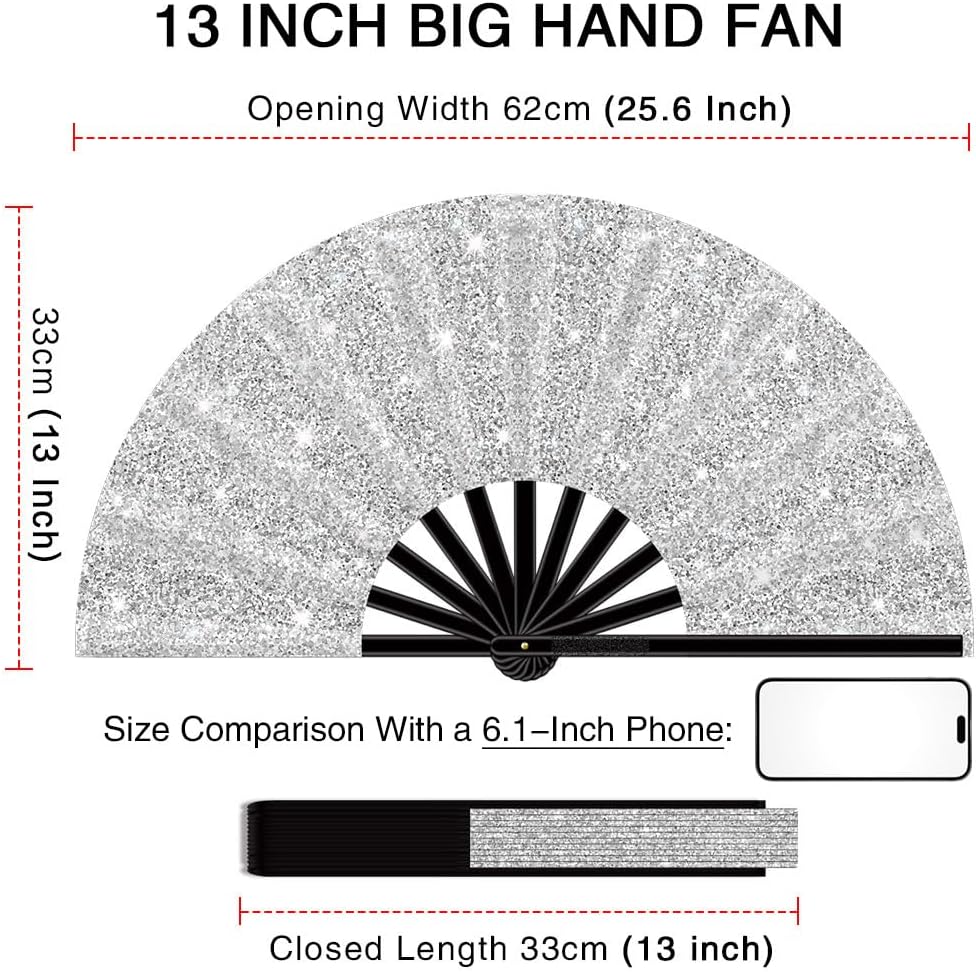 13" Large Folding Rave Fan with Holster, Clack Hand Fans Foldable for Line Dancing, Boots On The Ground Fan for Women Men Festival EDM Party Decoration, Glitter Silver