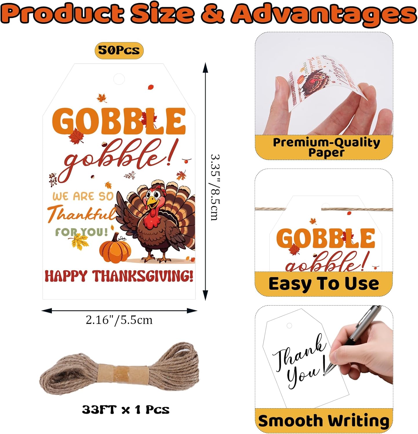50Pcs Happy Thanksgiving Gift Tags With String, 3.3x2.1 Inch So Very Thankful For You Tags, Gobble Thanksgiving Name Tags With Turkey Pumpkin Leaf for Autumn Holiday Party Favors DIY Craft
