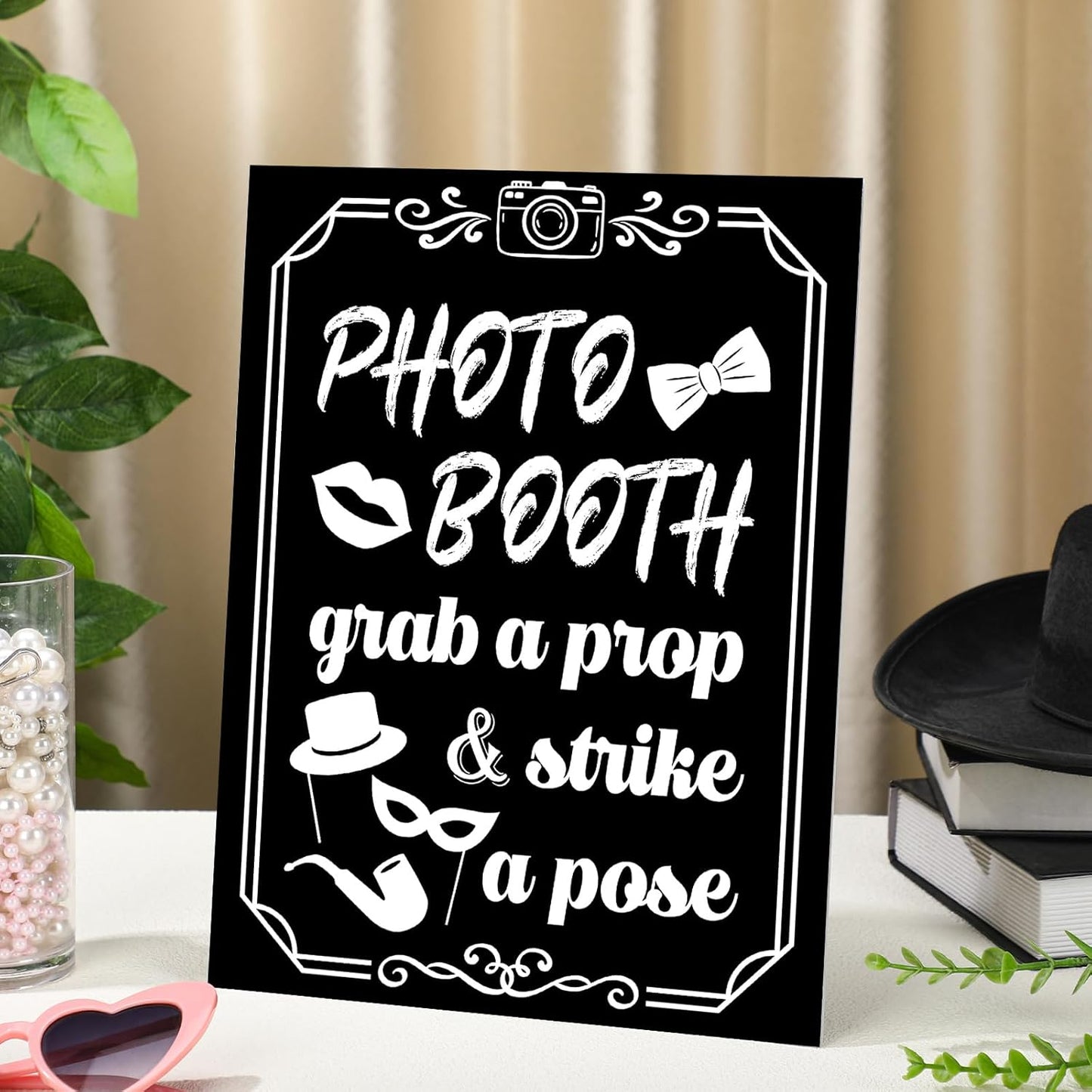 Photo Booth Sign with Stand Retro Background Table for Indoor and Outdoor Party Theme Event Photography Props Desktop Decoration Supplies