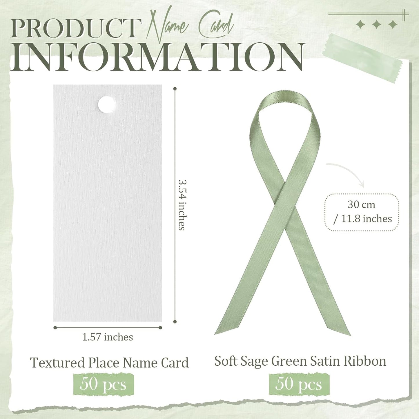 50 Pcs Name Place Cards for Table Setting Blank Wedding Place Cards with Satin Ribbon 1.57 x 3.54 Inch Hanging Gift Tags for Wedding Dinner Banquet Party Table Setting Supplies(Sage Green)