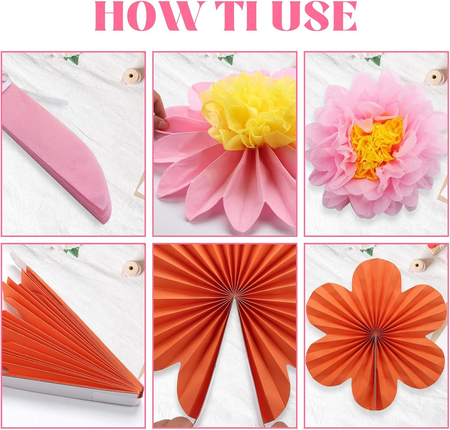 BestoFun 12PCS Paper Flowers Fans Pink Orange Party Decorations Tissue Paper Flowers Decorations for Girl Groovy Birthday Baby Shower Wedding Bachelorette Room Wall Hanging Décor