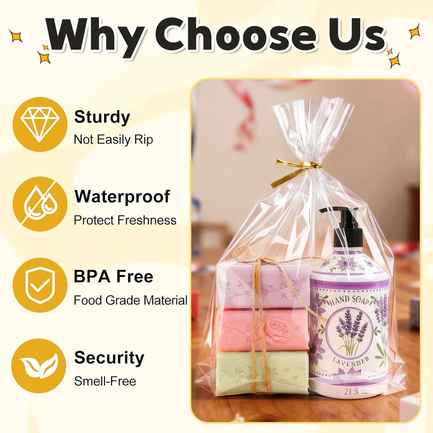 PigPotParty 10"x 14", 50Pcs Bottom Gusset Bags, Clear Plastic Gift Cellophane Mug Treat Goodie Bags with 50x Twist Ties, Large Party Favor Packaging, Toy Wrapping (No Side Gusset)