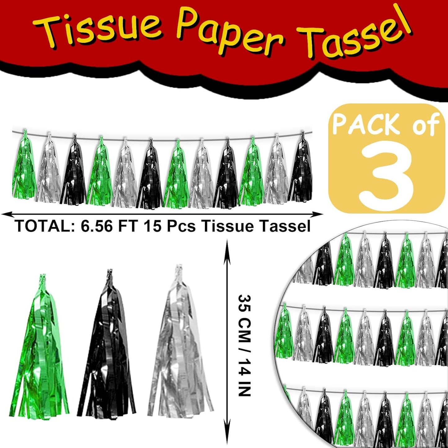 3P Black Silver Green Metallic Fringe Tassel Banner Garland Foil Tinsel Streamer Wall Hanging Curtain Backdrop Banner for Parade Floats, Graduation Decorations, Halloween, Christmas Decorations