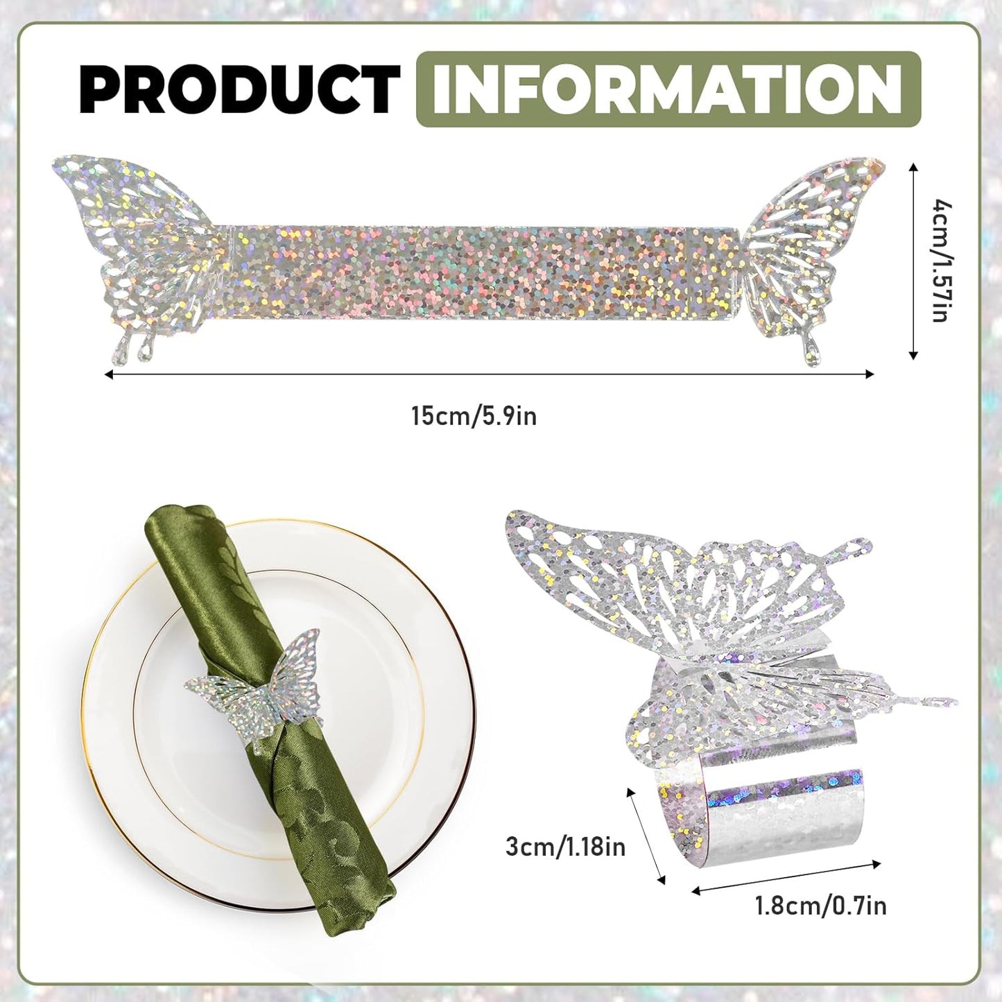 100 Pcs 3D Silver Iridescent Butterfly Napkin Rings Silverware Wraps Bands,Table Setup Sequined Wedding Valentines Day Event Party Supply Settings, Glossy Serviette Buckles Decoration(Silver)