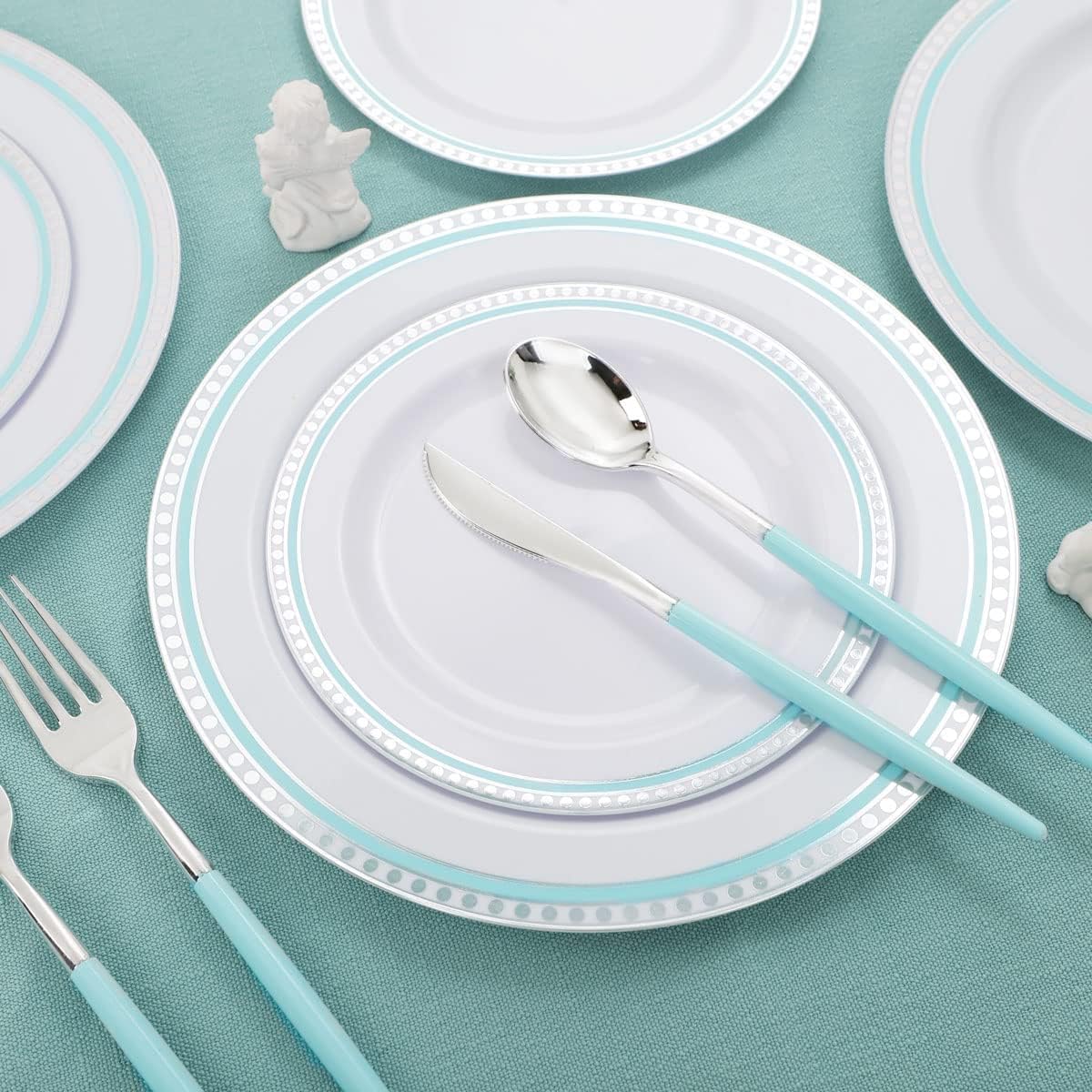 COLOSUS 125pcs Disposable Silver Blue Plastic Plates and Silverware .Light baby blue dinnerware party set include 25 Dinner Plate 25 Dessert Plate 75 silverware for Easter day Party Dinner