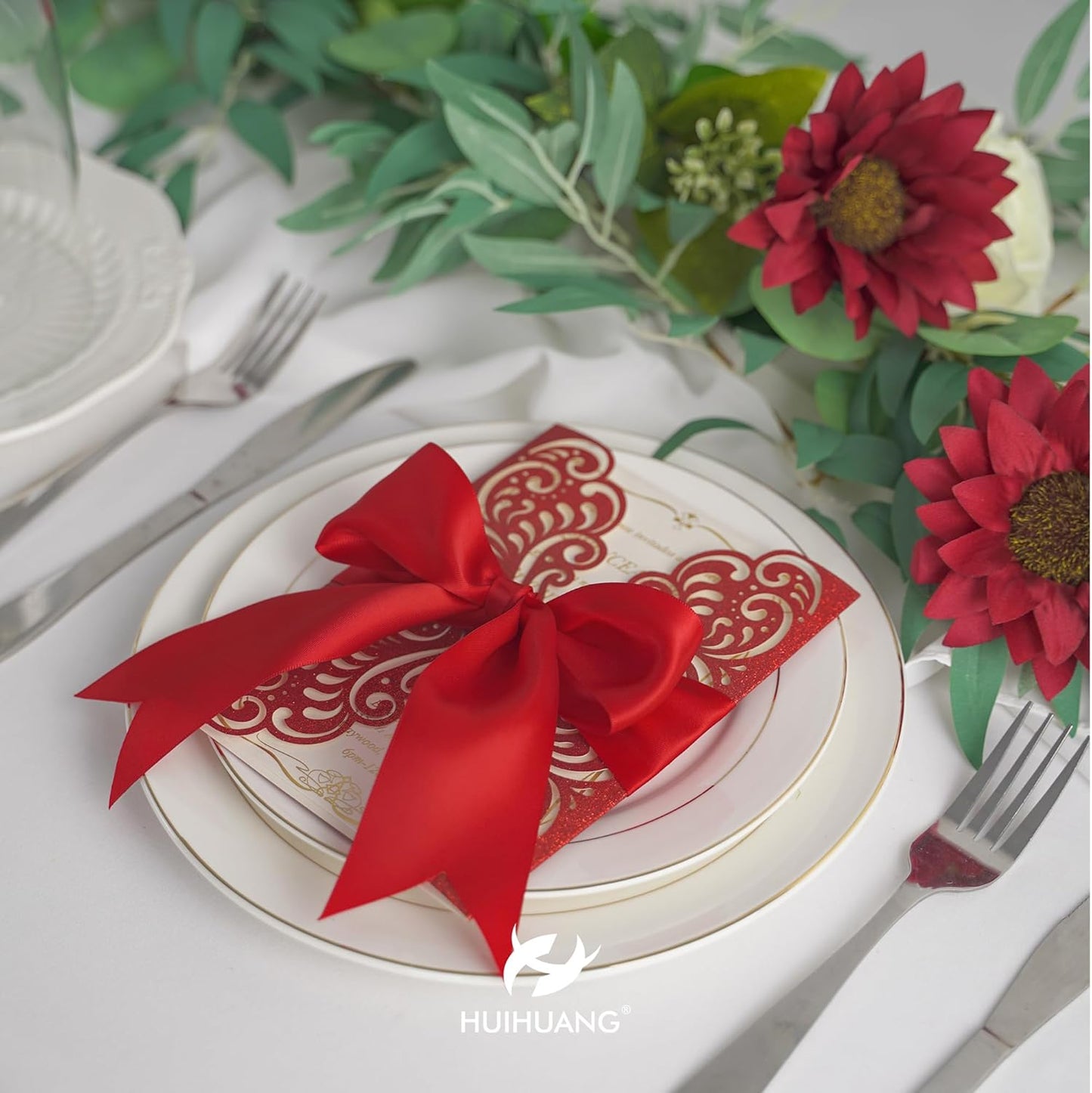 HUIHUANG Red Ribbon 1-1/2 inch Satin Ribbon, Red Double Faced Satin Ribbon for Christmas Gift Wrapping for Bows Making Floral Bouquet Wedding Christmas Decor Party Favor and Craft Supplies-50 Yards