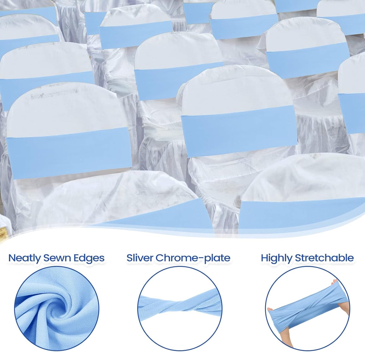 Kinlop 50 Pcs Spandex Chair Sashes Bows Chair BandB0C3V282KGs Slider Sashes for Covers Elastic Bands Ties Without Buckle Decorations for Wedding Party Events Ceremony Birthday(Sky Blue)