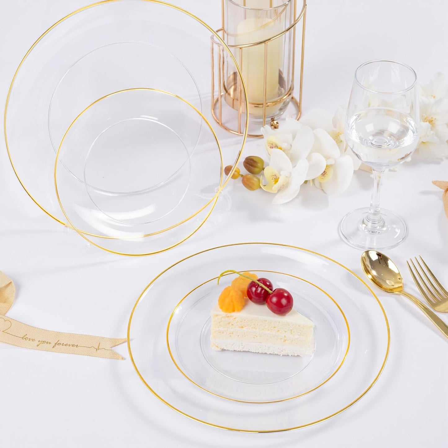 bUCLA 100PCS Clear and Gold Plastic Plates - Clear Disposable With Gold Rim Include 50 Each (10 inch Dinner & 7 inch Dessert) Plates, Ideal for Party & Thanksgiving