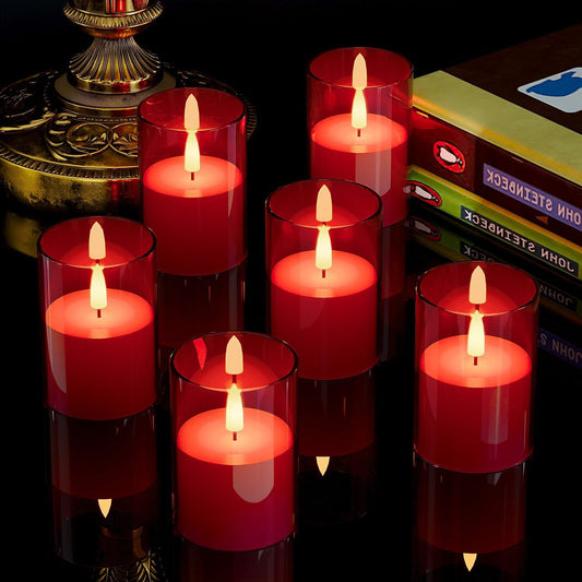 6Pack Flickering Flameless LED Candles with Timer, Battery Powered - Small Pillar & Votive, Red (2"X3")