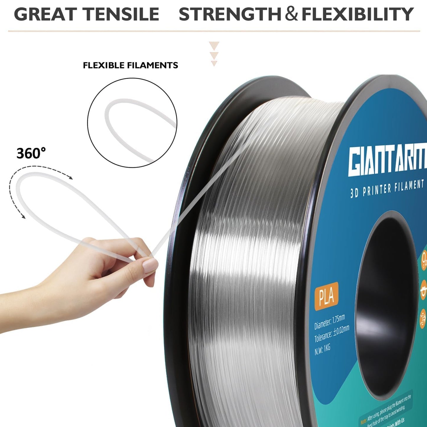 GIANTARM PLA Filament 2KG,Clear 3D Printer Filament 1.75mm,Neatly Wound Transparent PLA 2pcs 1kg Spool (2.2lbs),Dimensional Accuracy +/- 0.02 mm,Fit Most FDM 3D Printers