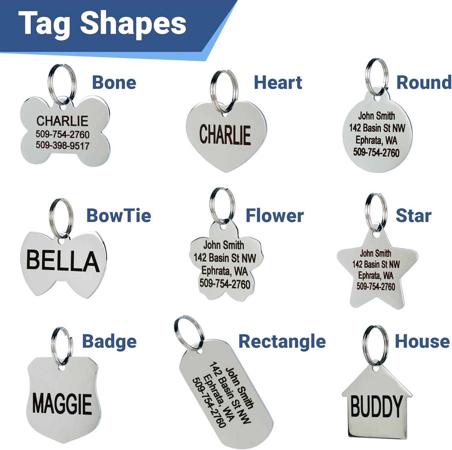 GoTags Stainless Steel Pet ID Tags, Personalized Dog Tags and Cat Tags, up to 8 Lines of Custom Text, Engraved on Both Sides, in Bone, Round, Heart, Bowtie and More (Round, Regular (Pack of 1))
