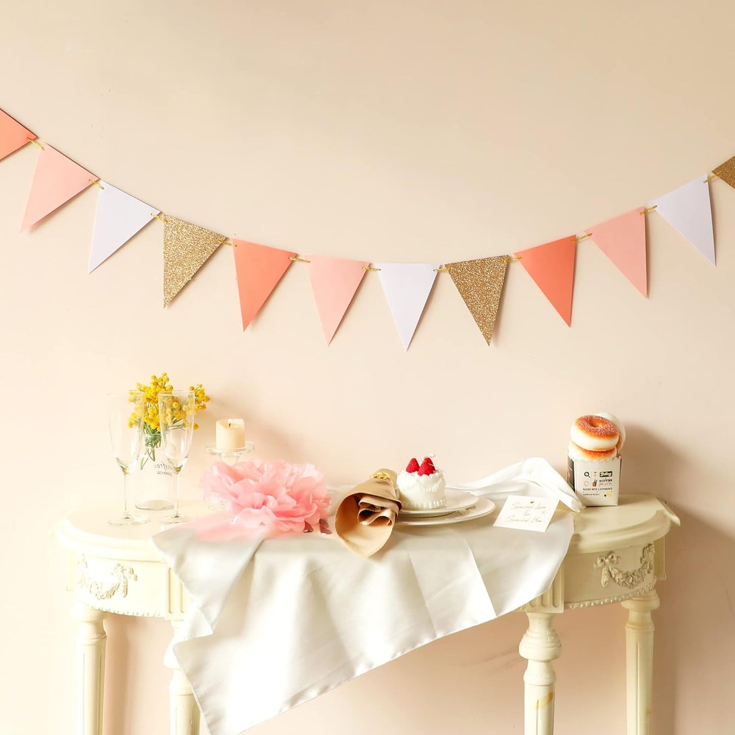 Fonder Mols 10-feet Vintage Flags of Paper Pennant Banner, Triangle Flags Bunting Banner Garland for Boho Wedding, Baby Shower, Girl Room Nursery Decoration (Ivory+Pink+Rose Gold Glitter)