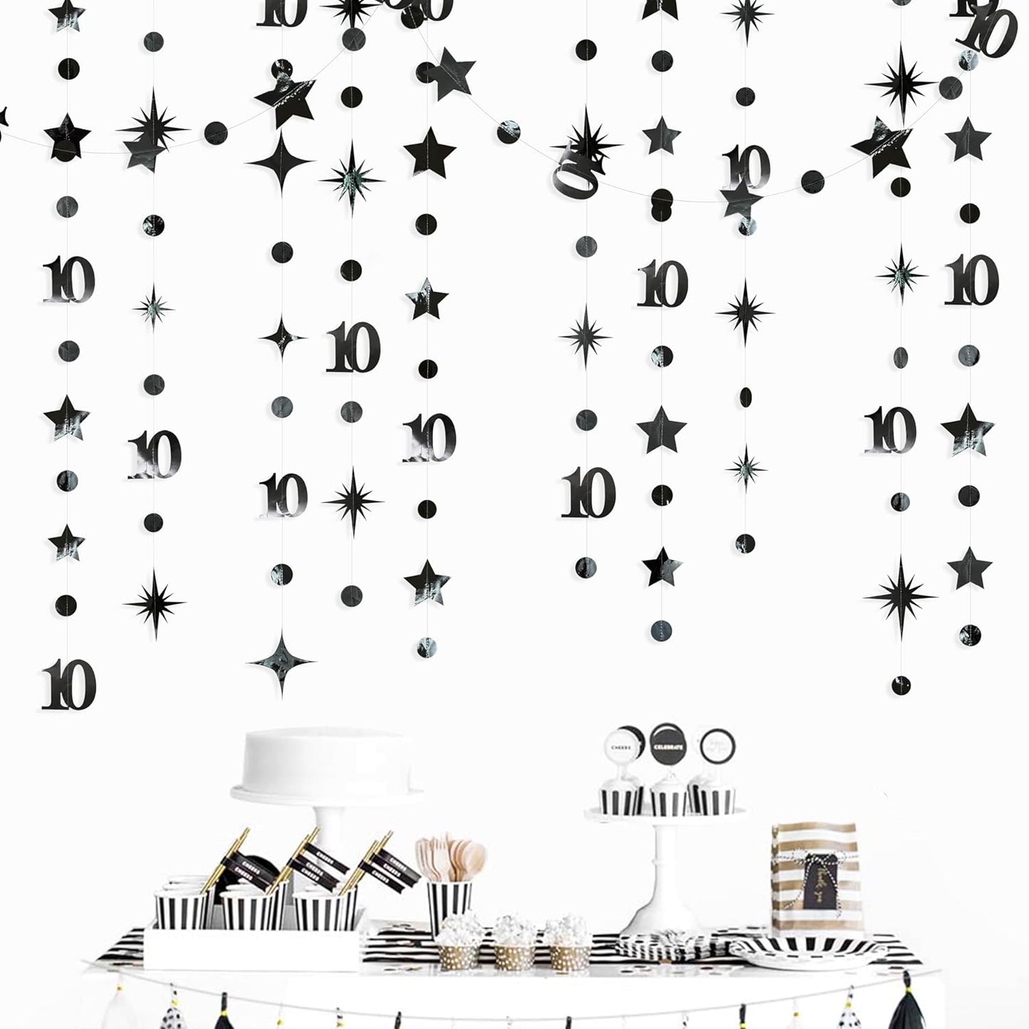 Black 10th Birthday Decorations Number 10 Circle Dot Twinkle Star Garland Metallic Hanging Streamer Banner Backdrop for Girls Boys Double Digits Ten Year Old Birthday 10th Anniversary Party Supplies