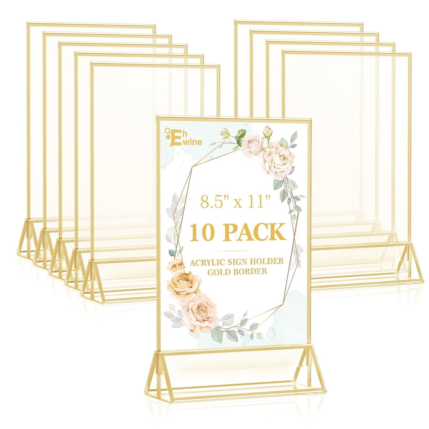 EHWINE 10 Pack 8.5×11 Clear Acrylic Sign Holder with Gold Borders and Vertical Stand, Double Sided Table Menu Holders Picture Frames for Wedding Table Numbers, Restaurant Signs, Photos and Art Display