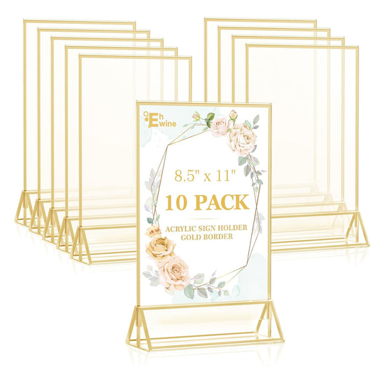 EHWINE 10 Pack 8.5×11 Clear Acrylic Sign Holder with Gold Borders and Vertical Stand, Double Sided Table Menu Holders Picture Frames for Wedding Table Numbers, Restaurant Signs, Photos and Art Display