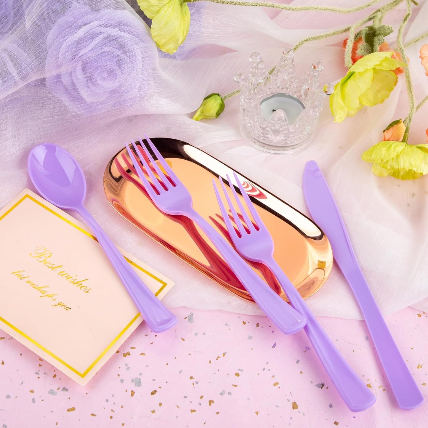 WDF 160 Piece Purple Plastic Silverware - Heavy Duty Purple Silverware Includes 80 Forks, 40 Spoons, 40 Knives, Lavender Plastic Utensils Perfect for Wedding, Party