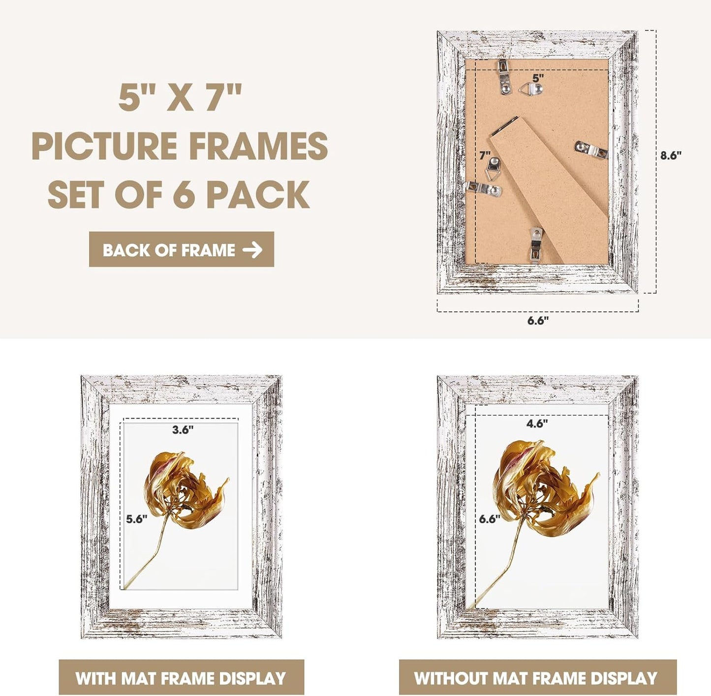 TWING 5x7 Picture Frames Set of 6,Display Pictures 4x6 with Mat or 5x7 Without Mat,Rustic Picture Frames Collage Photo Frame for Tabletop and Wall Mounting,Rustic White,Wave Texture