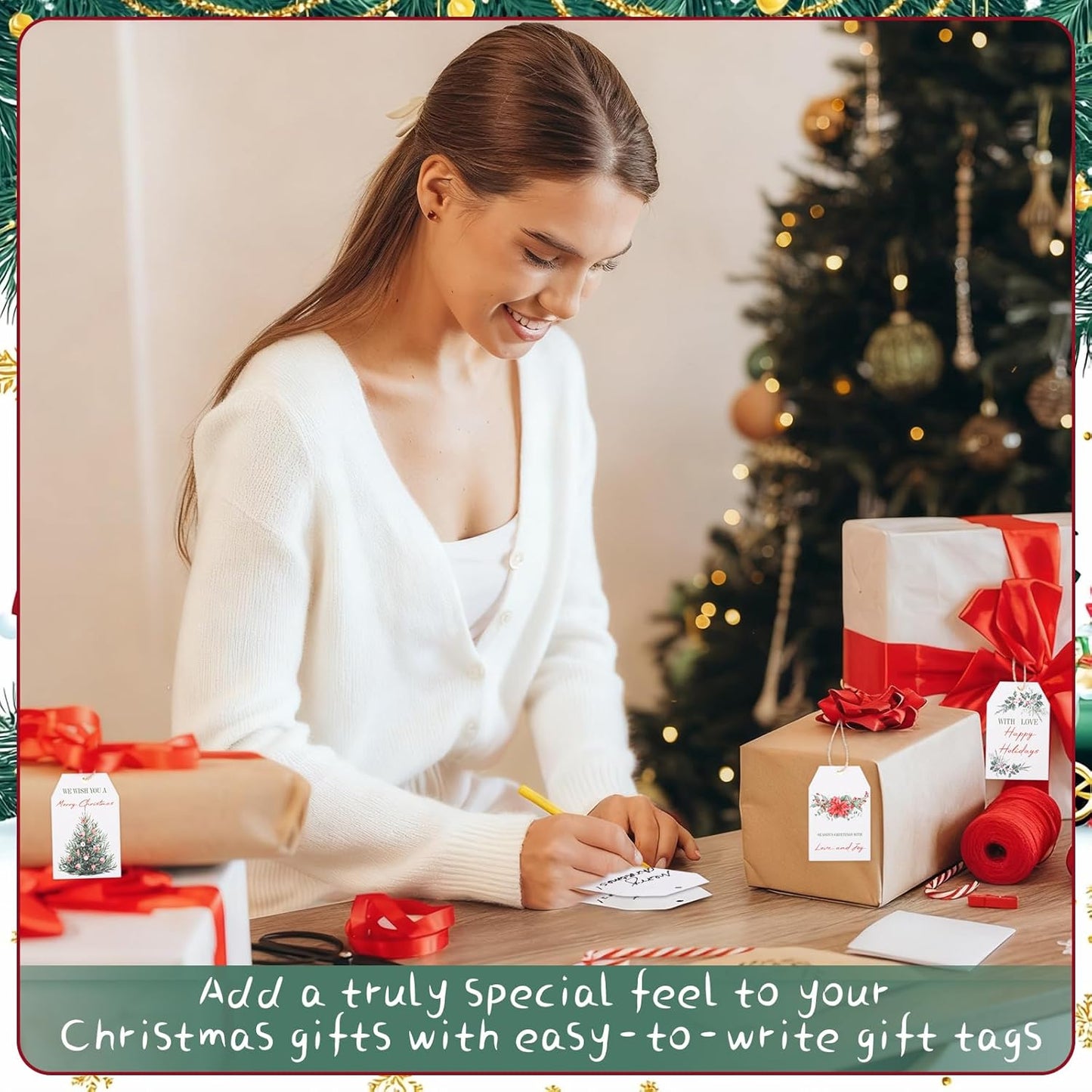 100PCS Christmas Gift Tags 10 Styles Watercolor Christmas Tree Pinecone Tags with String Celebrations Tag for Present Wrapping Xmas Holiday Seasonal Party Favors