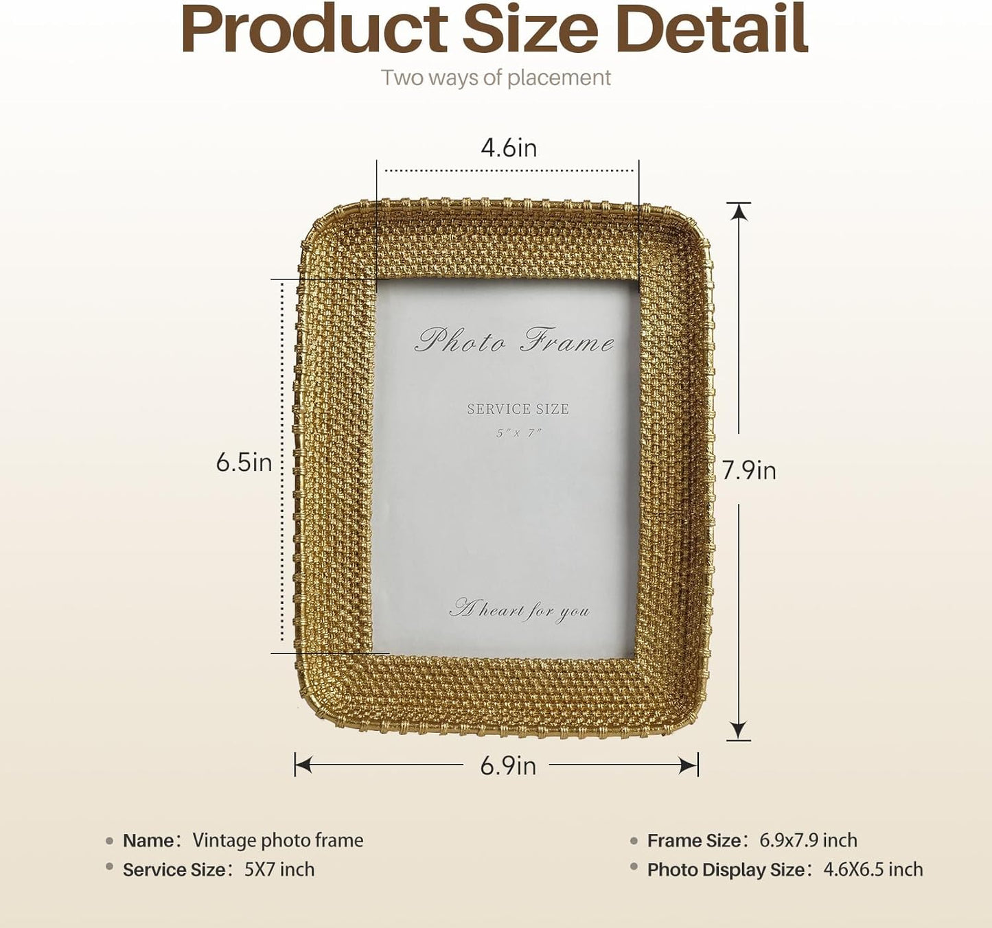Cuspin Vintage Gold 5x7 Picture Frame, Gold Metal Rattan Textured Hand-Crafted Photo Frame with Glass Front Antique Picture Frame for Tabletop Display & Wall Display, Retro Design Home Decor