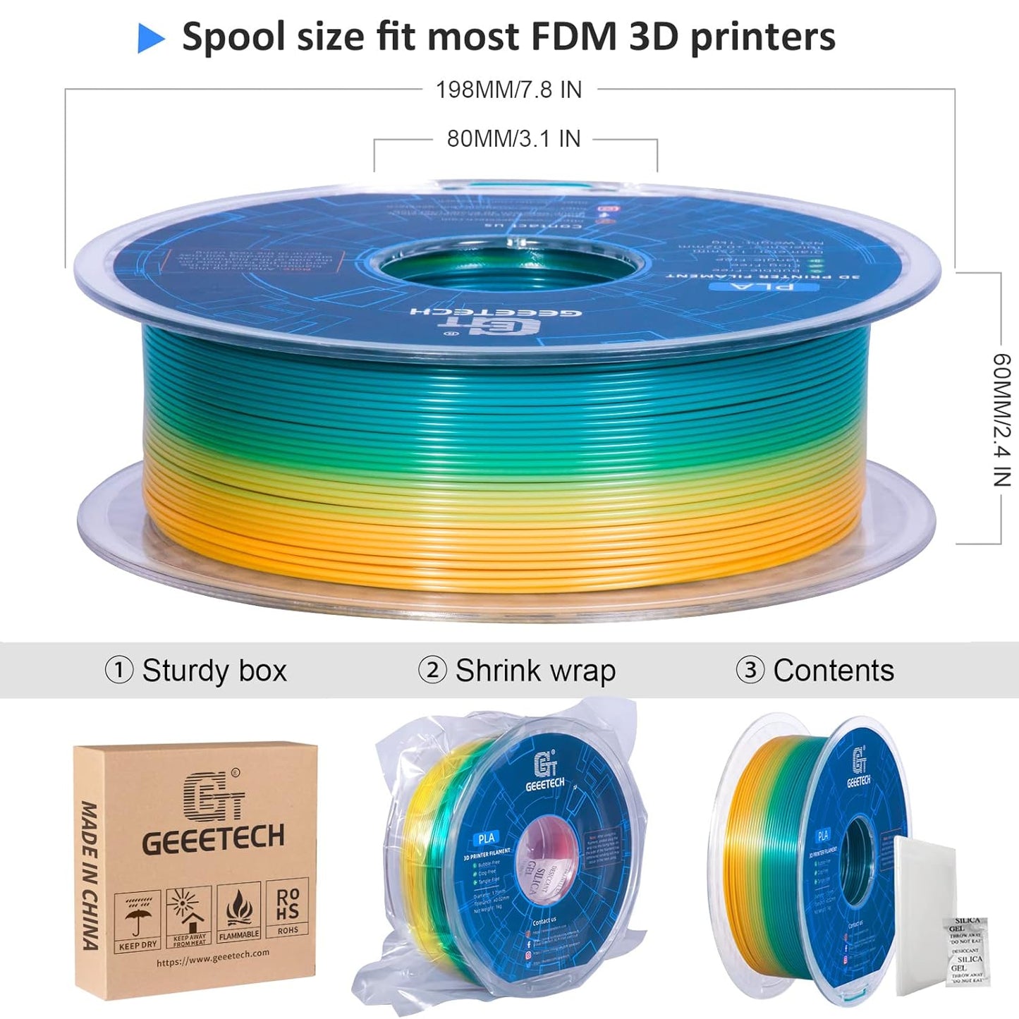 Geeetech Rainbow PLA Filament 1.75mm, 3D Printer Multicolor Filament, Color Changing Filament 1kg (2.2lbs) 1 Spool, Dimensional Accuracy +/- 0.02 mm