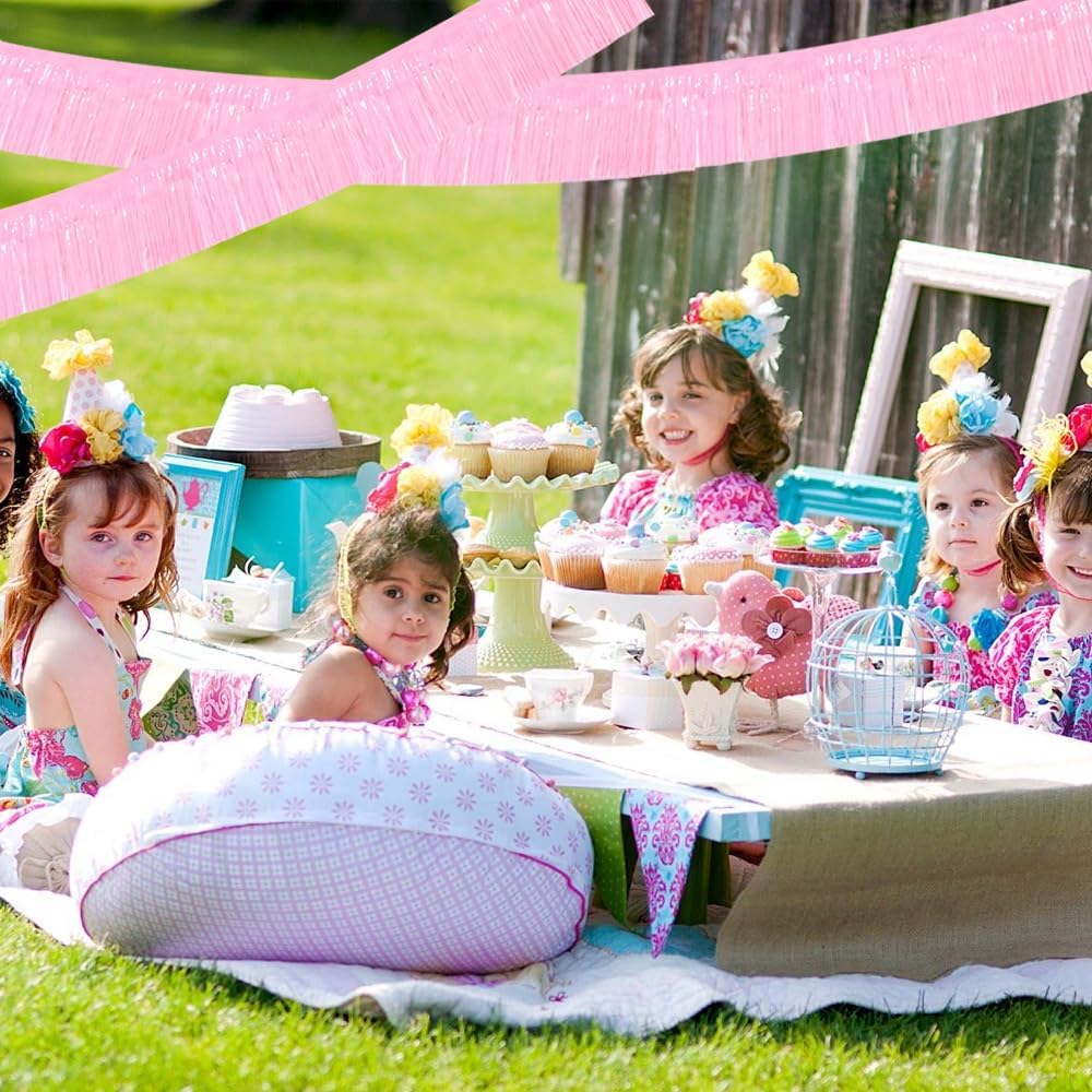 BEISHIDA 3 Packs Metallic Foil Fringe Garland Macaron Pink Wall Hanging Tinsel Fringe Banners for Car Floats Bridal Shower Wedding Birthday Easter Graduation Holiday Party Decoration(30 Feet)