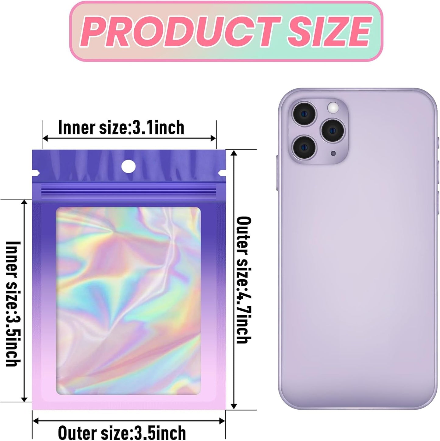 Funfery 100 Pack Mylar Holographic Bags,Clear Window Foil Bags Seal Pouch Resealable Bag with Zipper,Packaging Bag for Food Storage,Jewelry,Business Supplie(3.5×4.7in,Purple Pink)