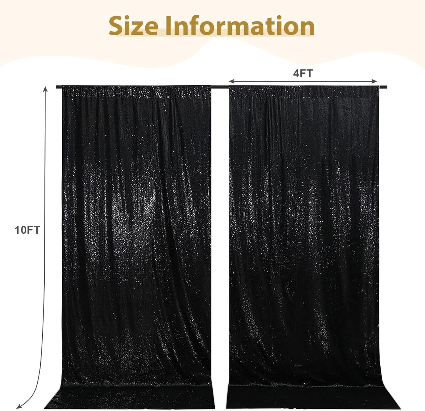 SquarePie Sequin Backdrop Curtain 8FT x 10FT Black Satin Backing Fabric Photography Background for Wedding Patry 4FT x 10FT 2 Panels