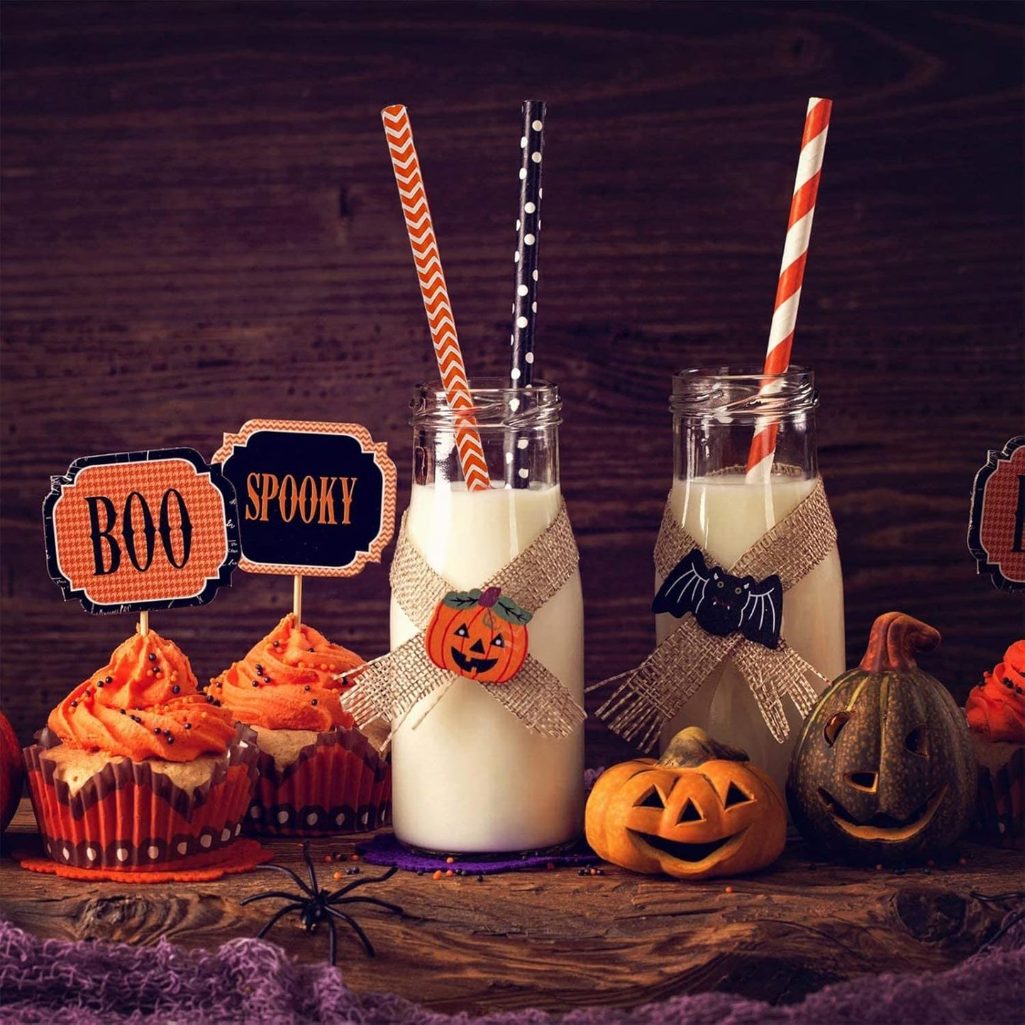 Shappy 125 Pieces Halloween Paper Straws Bulk, Disposable Decorative Drinking Straws with Dots/stripes/waves for Birthday, Wedding, Halloween and Christmas Party Supplies(Orange, Black, White, Purple)