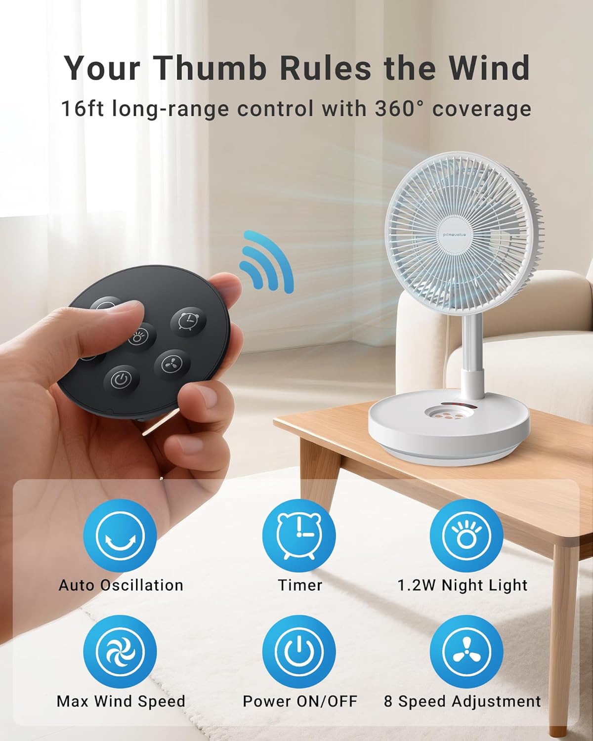 Primevolve Portable Rechargeable Oscillating Fan, Battery Operated Fan Adjustable Height, USB Home Office Outdoor Camping Travel, White 10"