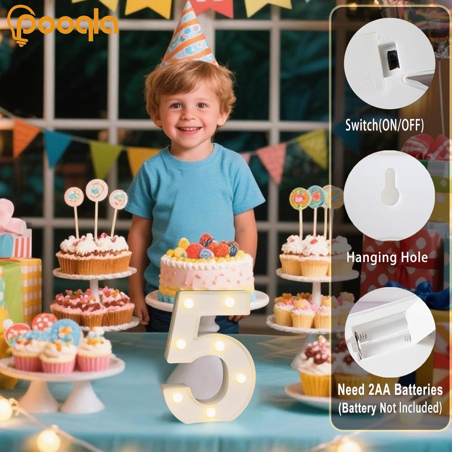 Pooqla Decorative LED Light Up Number Letters, White Plastic Marquee Lights Sign Party Wedding Decor, Battery Operated (5)