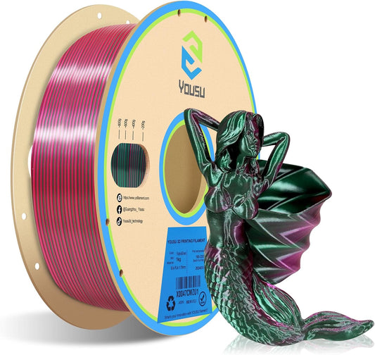 YOUSU Silk PLA Filament 1.75mm 3D Printer Filament Coextrusion Filament Dual Color, Compatible with Most of 3D Printer, Silk Purple Green Color Change PLA,1kg(2.2lbs).