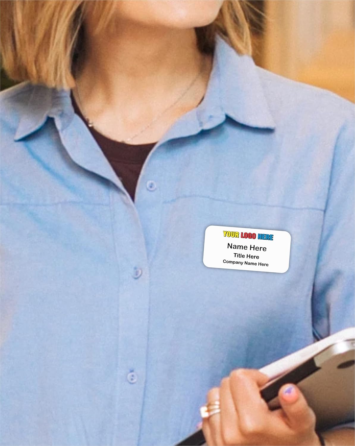 Custom Name Tag with Logo - Personalized Name Badge with Magnet Backing - Choose Your Size and Color (White Metal 3"x1.5" - Logo on Top)