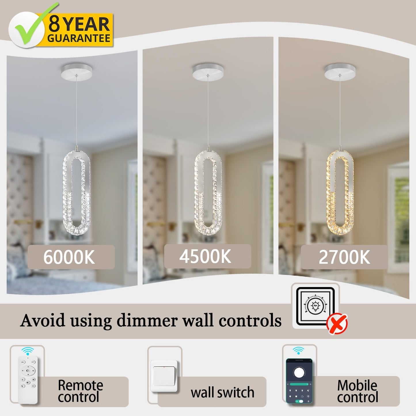 1-Ring Chandelier Silver Modern Pendant Lighting LED Dimmable Hanging Crystal Chandelier for Kitchen Island Foyer Lobby Living Room Staircaes