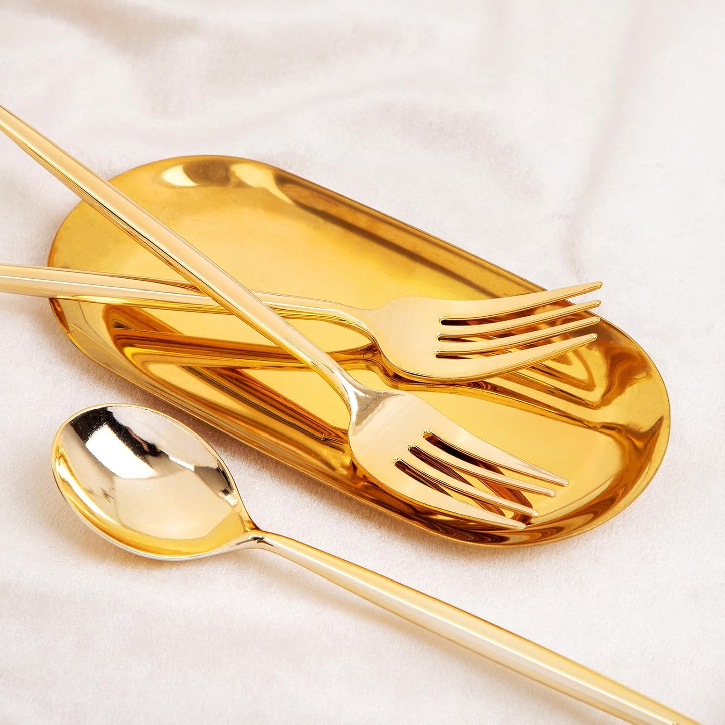SUT 100PCS Gold Plastic Forks and Spoons Heavy Duty Set, Gold Disposable Silverware, Gold Cutlery, Gold Disposable Utensils, Plastic Flatware Includes 50 Forks, 50 Spoons for Party